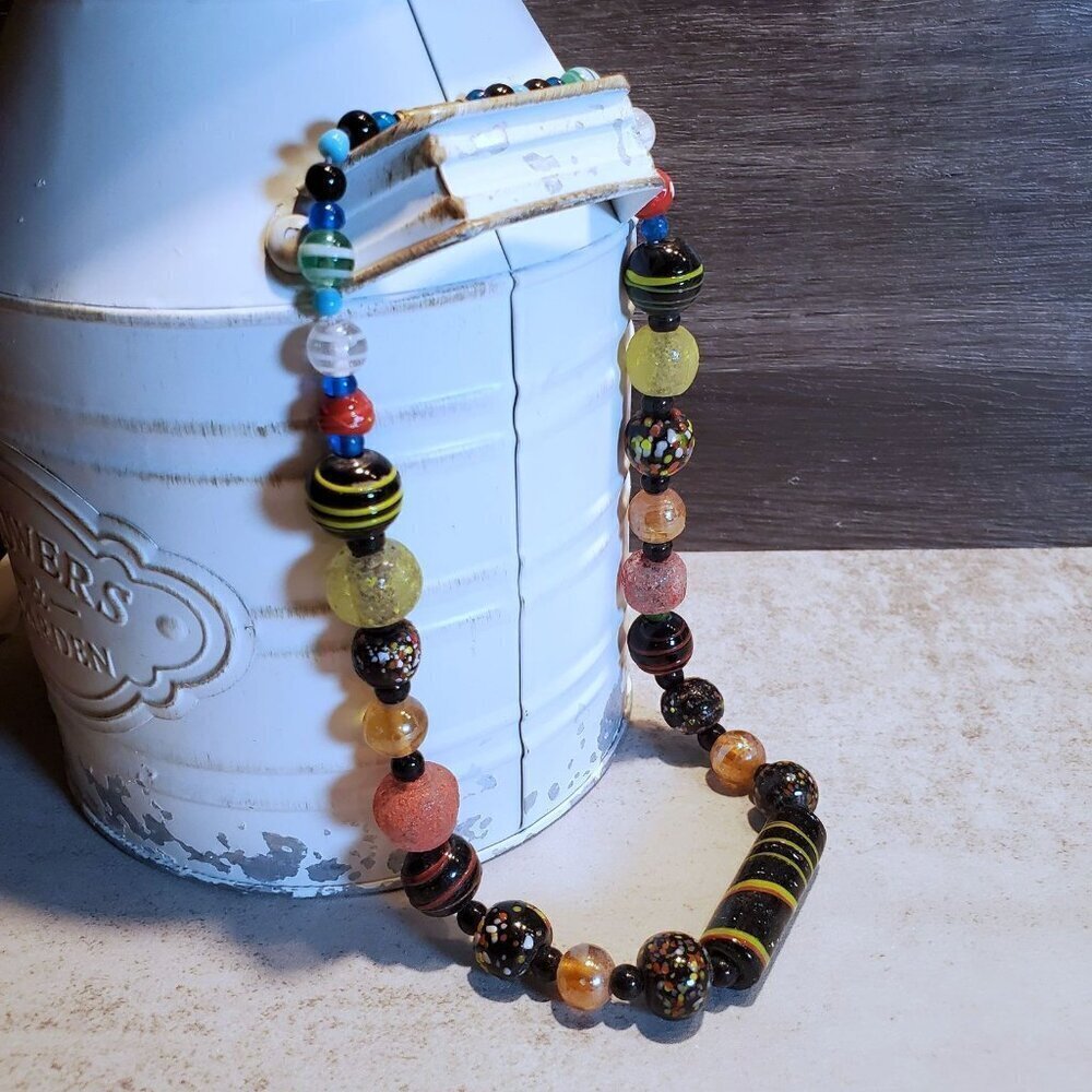 India Artisan Vintage 90s Glass Beads Black Multi Necklace OOAK Style T